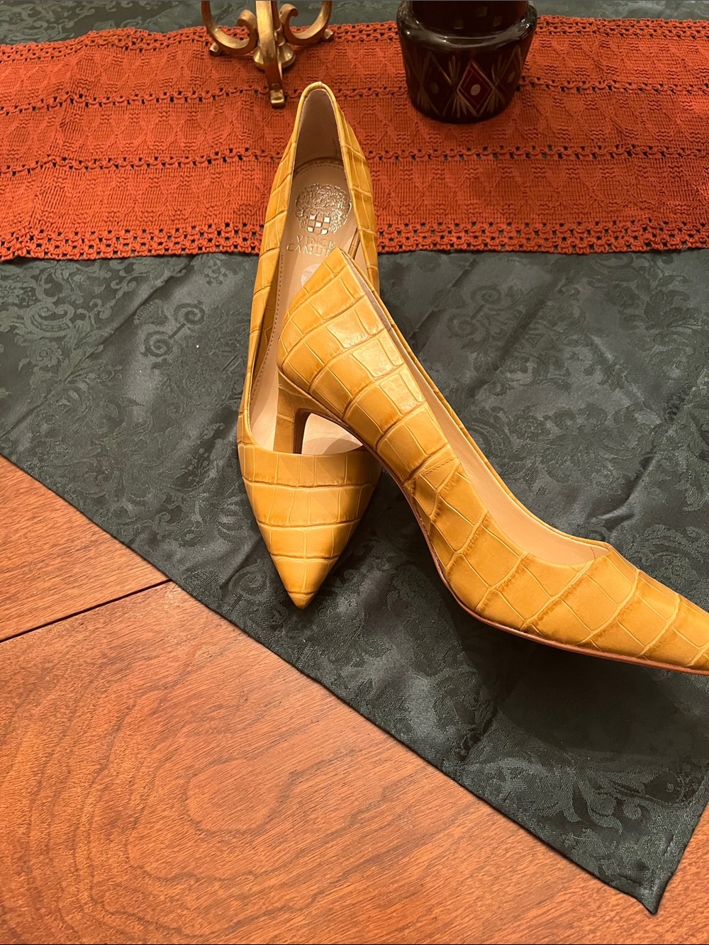 Vince Camuto Croc-Embossed Pointed Toe Pumps in Mustard